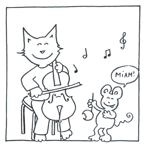 dessin style BD : un chat joue du violoncelle, une petite souris mange une note de musique en disant "miam!"