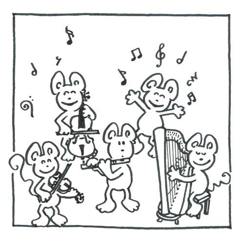 Dessin style BD : orchestre de souris avec violon, violoncelle, flûte et harpe