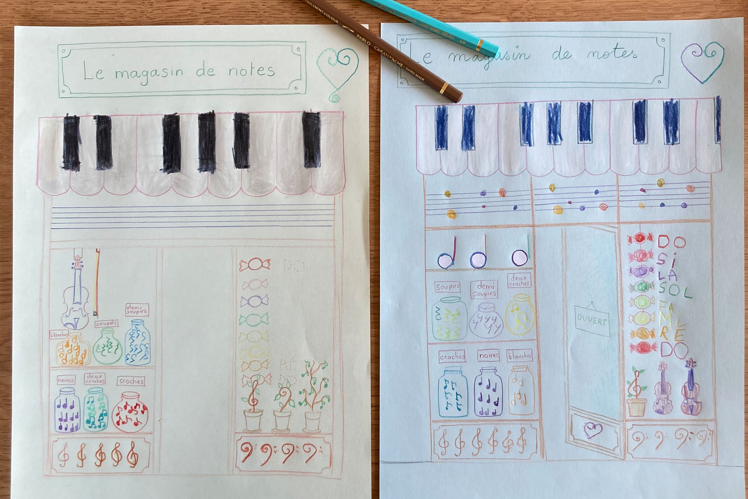 Deux dessins représentant une devanture de magasin de notes de musique