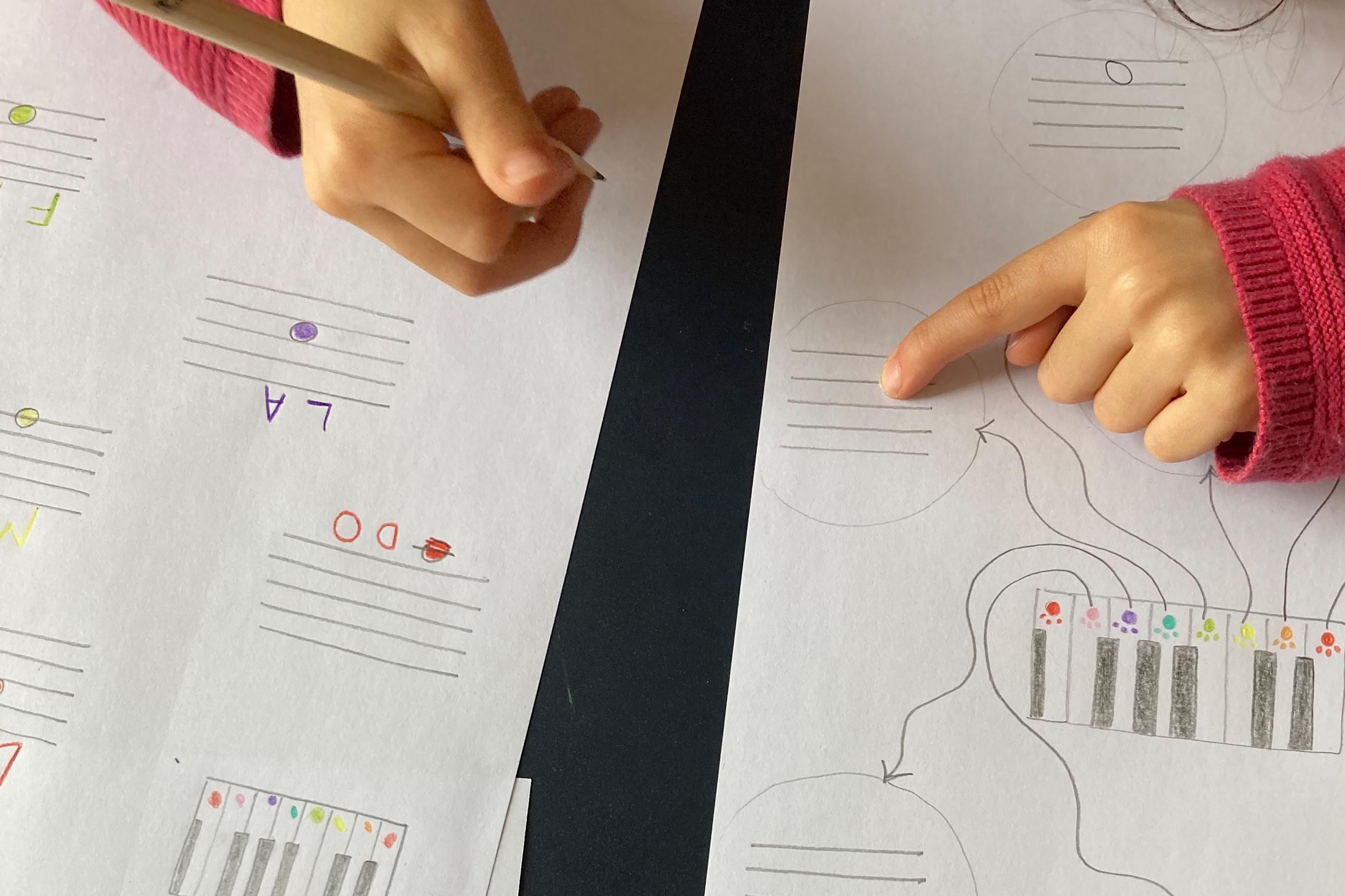 gros plan sur mains d'enfant réalisant un exercice sur les notes de musique