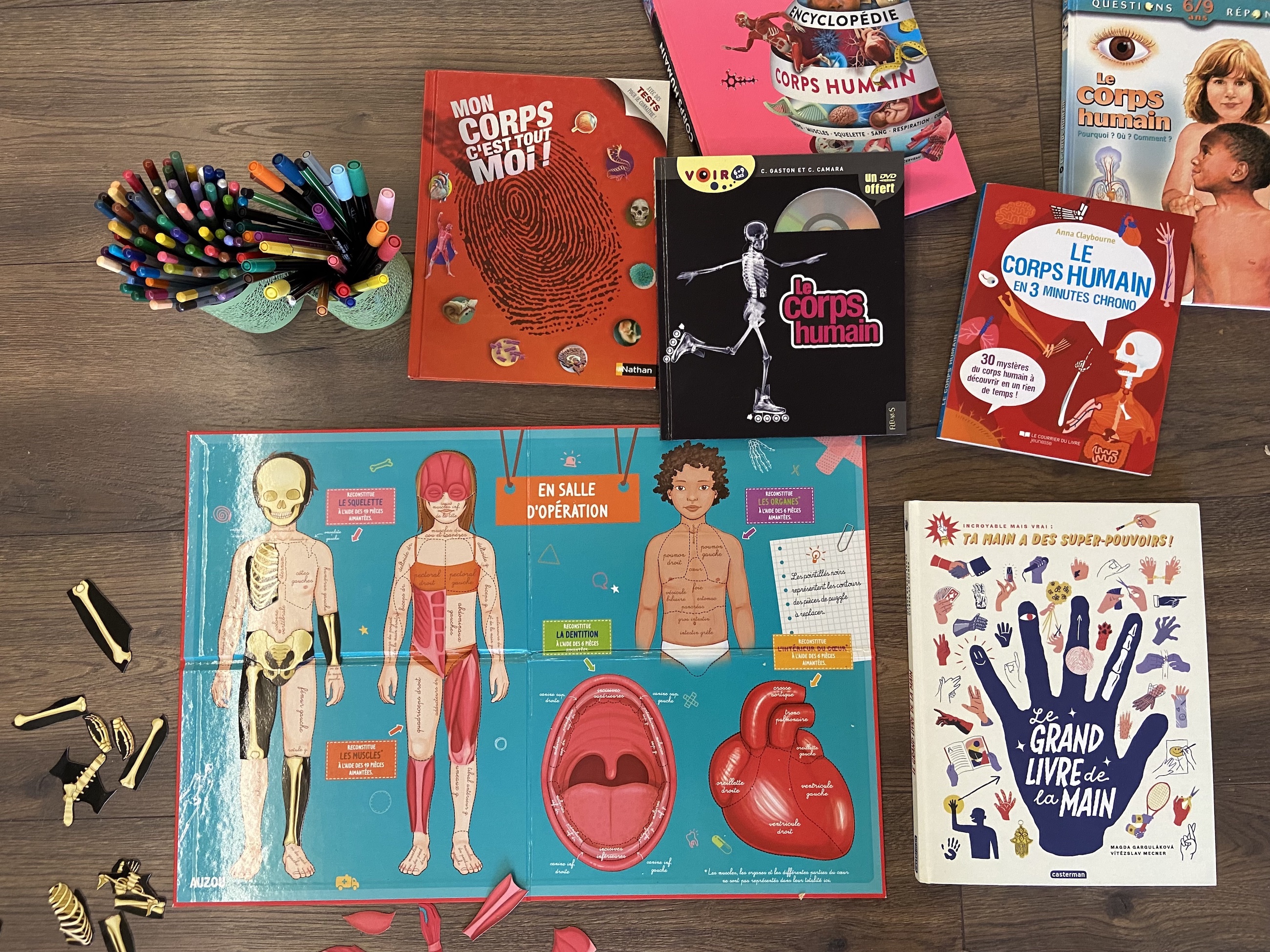 plusieurs livres et puzzles pour enfants sur le corps humain, un puzzle magnétique