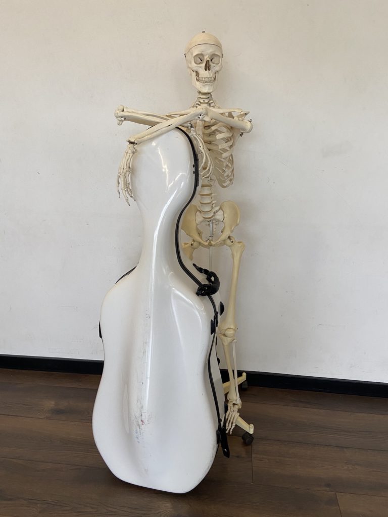 squelette grandeur nature accoudé à un étui de violoncelle (humoristique!)