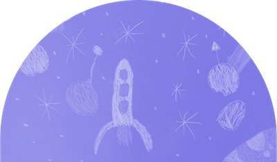 dessin d'enfant : fusée, planètes, étoiles