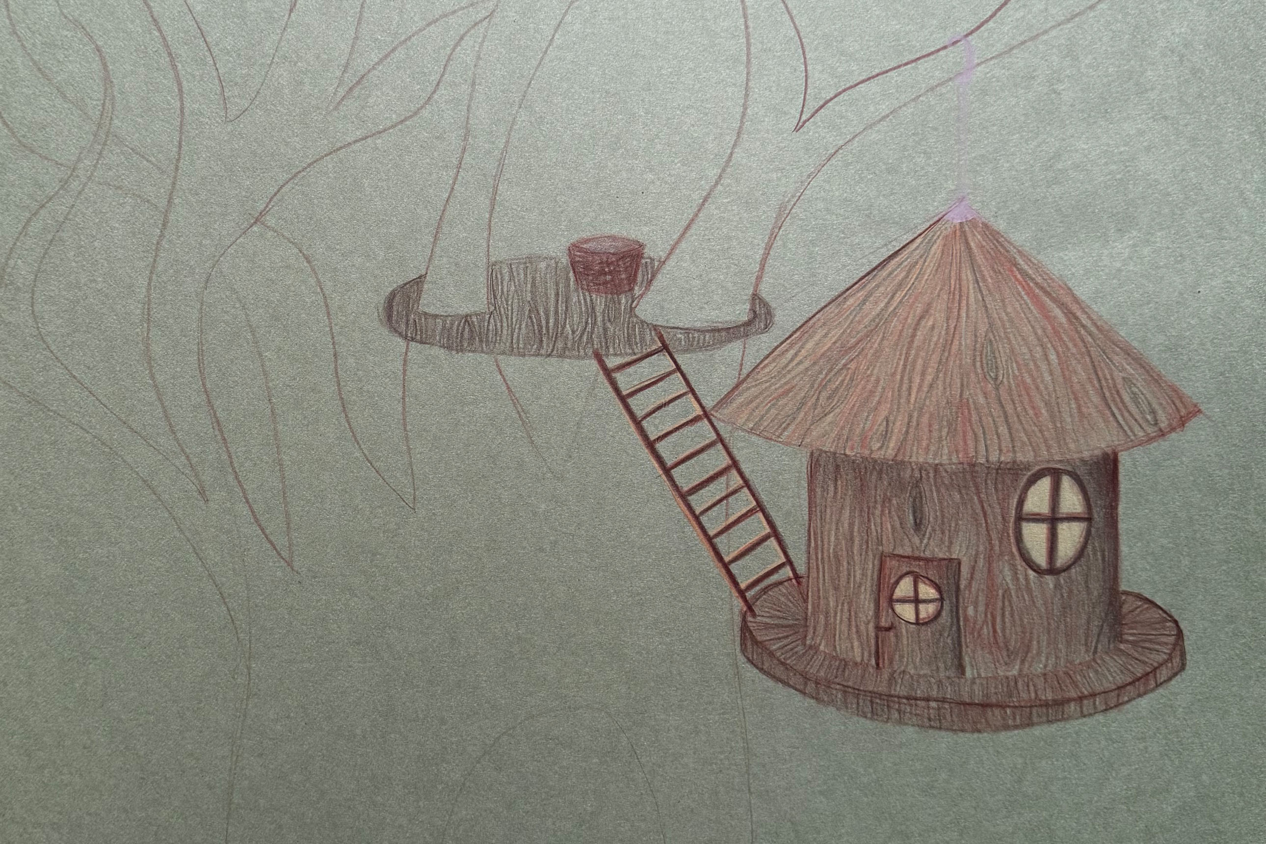 dessin réalisé par 1 ado, cabane dans l'arbre avec effet bois réussi, échelle et plateforme