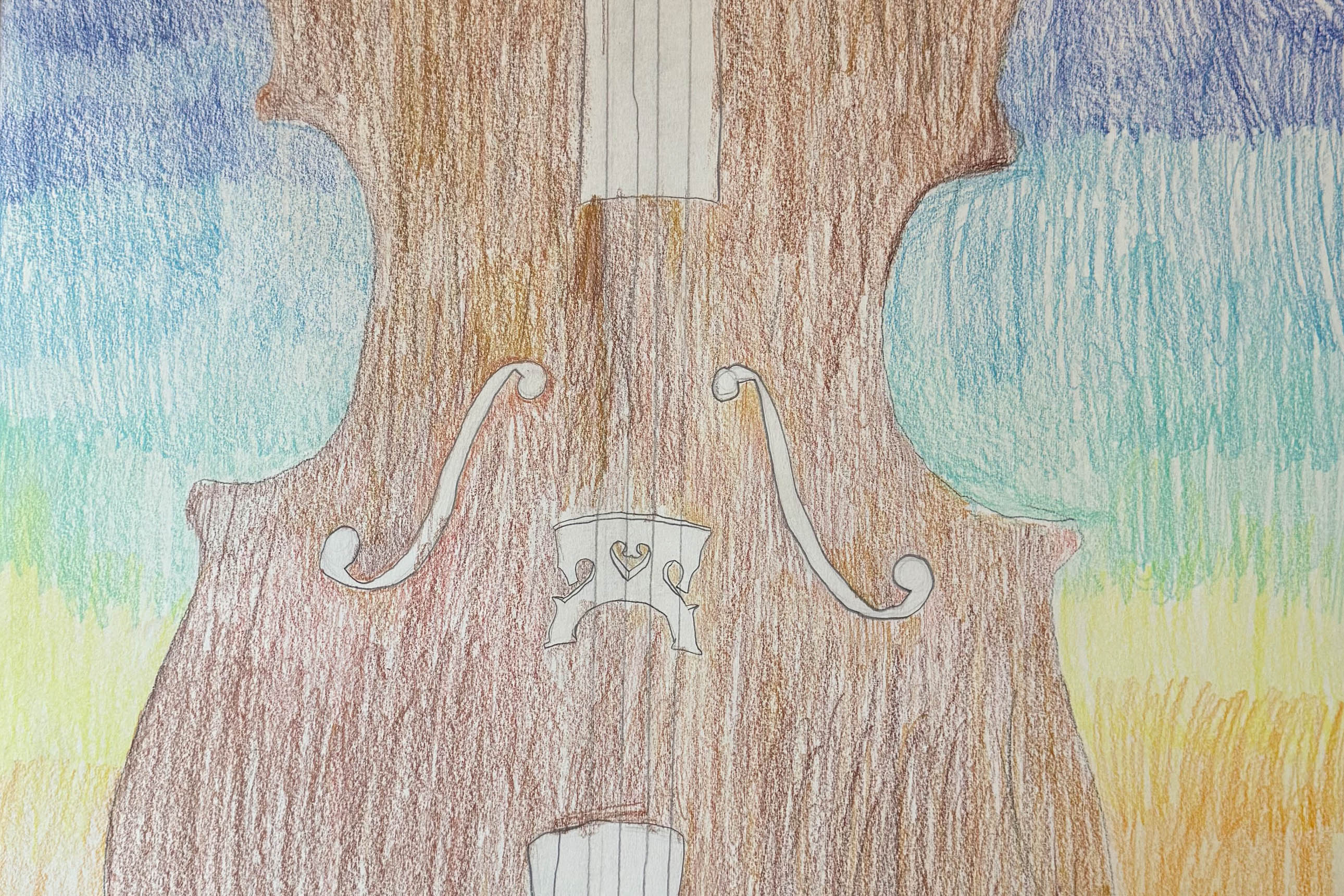 dessin de violoncelle terminé, réalisé par un enfant aux crayons de couleur
