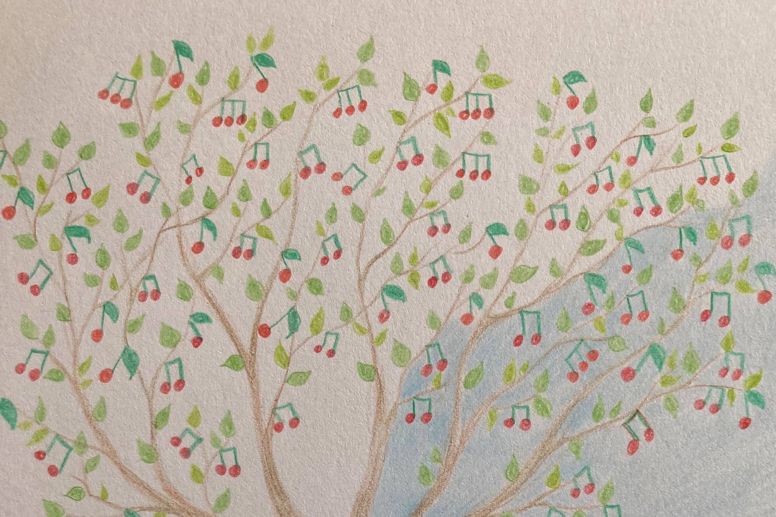 dessin d'arbre au crayon de couleur, inachevé, où les cerises sont des croches