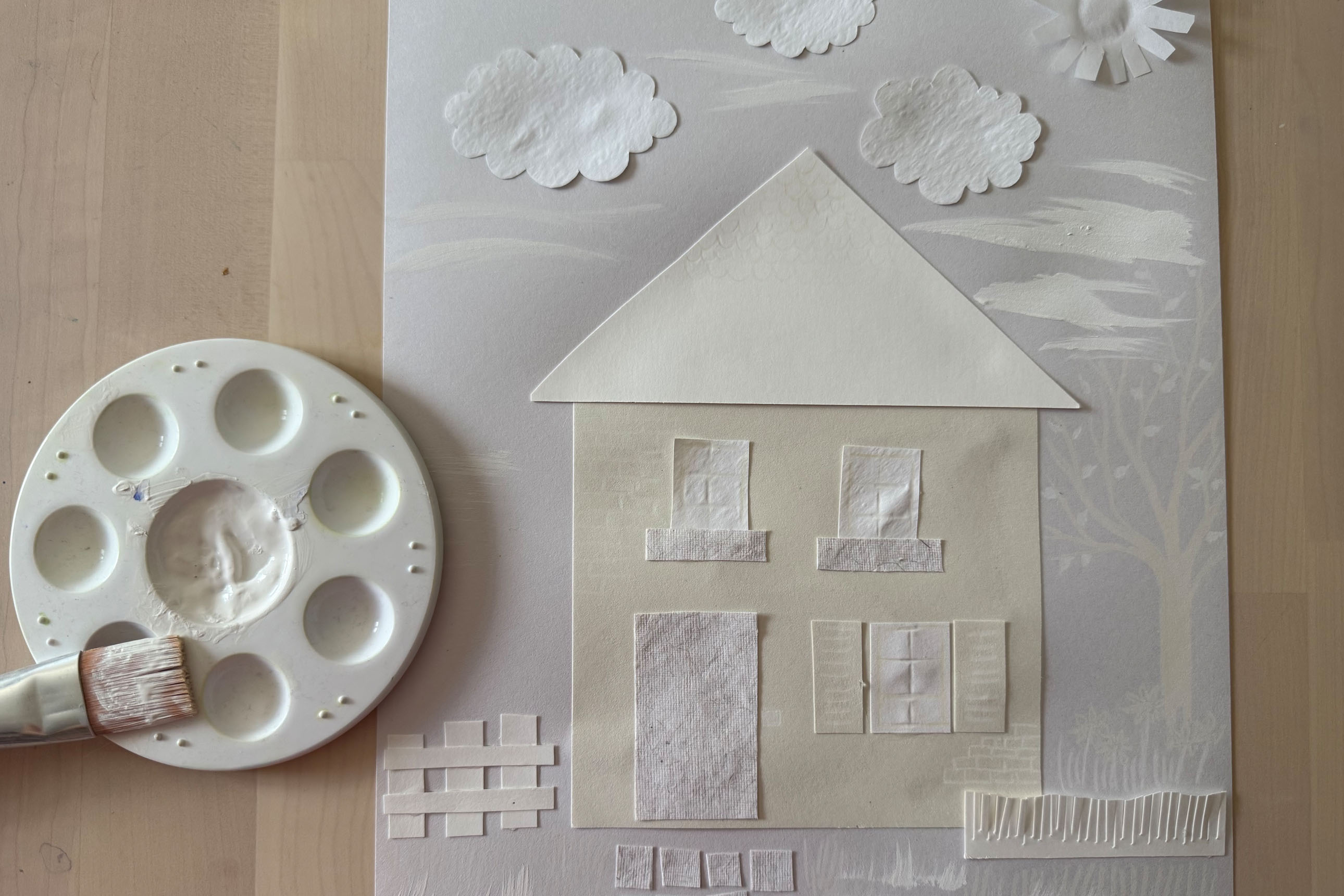 modèle de dessin pour enfant : collage tout en blanc, palette de peinture blanche