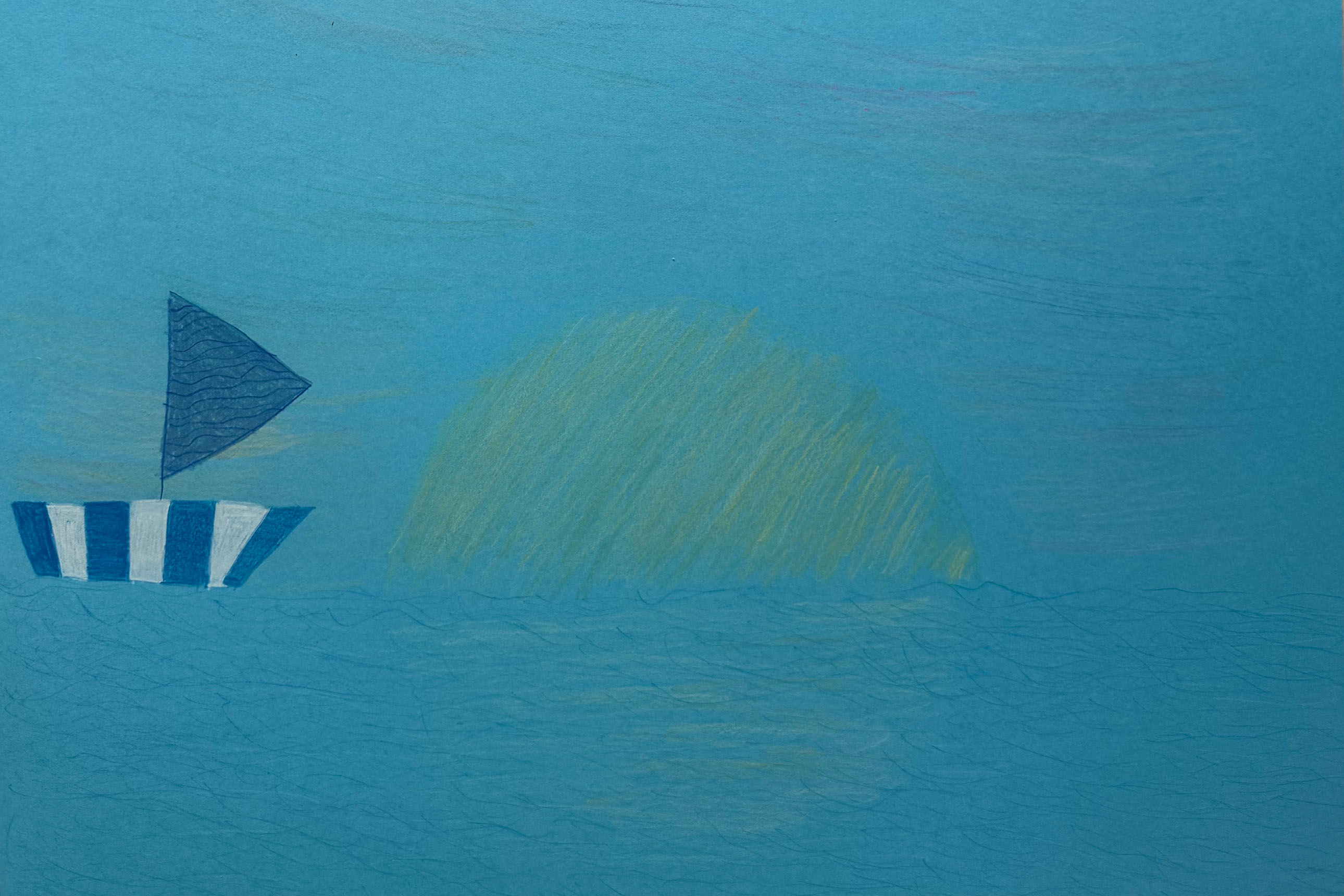 dessin d'enfant : bateau et mer au lever de soleil